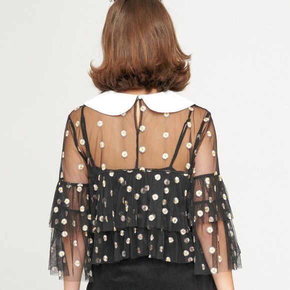 Smak Parlour Black Embroidered Daisy Mesh Ruffle Top Tier Peter Pan Collar M NWT - Picture 3 of 12